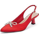 Coutgo Womens Kitten Heels Satin Pumps Slingback Pointed Toe Rhinestone Bow Wedding Dress Shoes