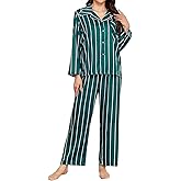 Brosloth Womens Silk Pajamas Set Long Sleeve Satin Pjs Button Up Striped 2 Piece Lounge Set Silky Sleepwear