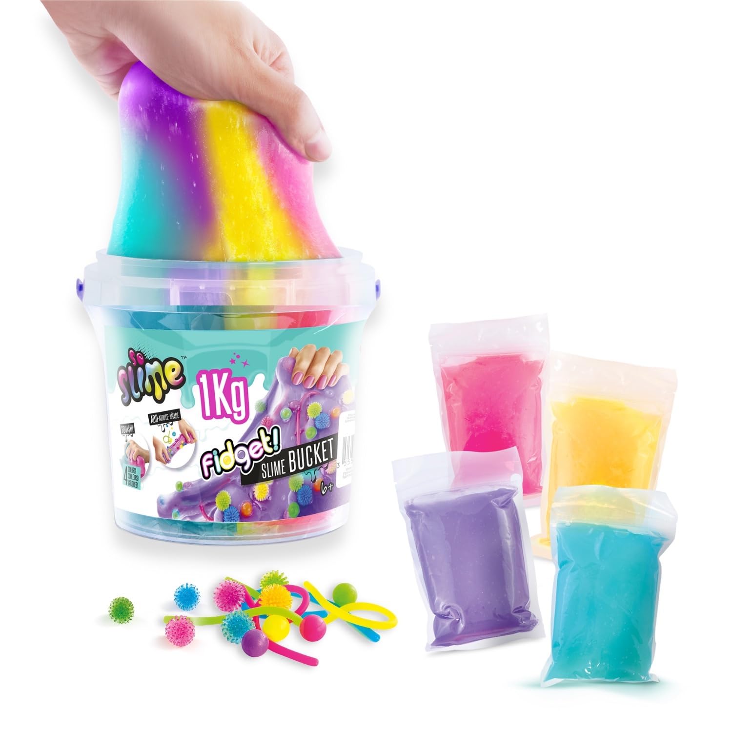 Canal Toys – So Slime – Fidget Slime Bucket 1 kg - Ready to Play Multicolour Slime Bucket with Fidget Accessories and Reusable Transparent Container - Creative Toy and Activity for Children 6 Years+