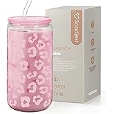 SANDJEST Leopard Glass Bottle, Pink Leopard Print Glass Cup with Lid & Straw, Iced Coffee Aesthetic Glass Can, Gifts for Women, Christmas Birthday Mother's Day