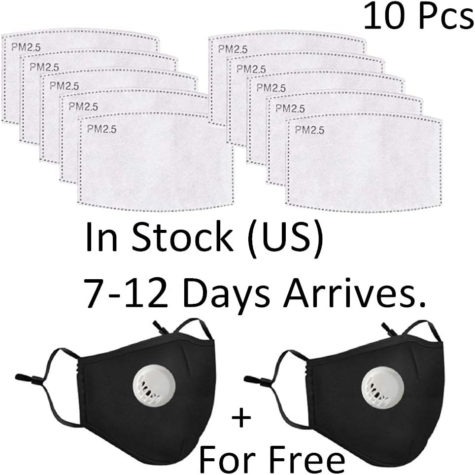 10 Pcs Activated Carbon Filters Meltblown Non-Woven Cloth 5 Layers Filters, 2 Pack Free for Women Mens Children Black Cotton Adjustable Reusable Breathing Anti Dust