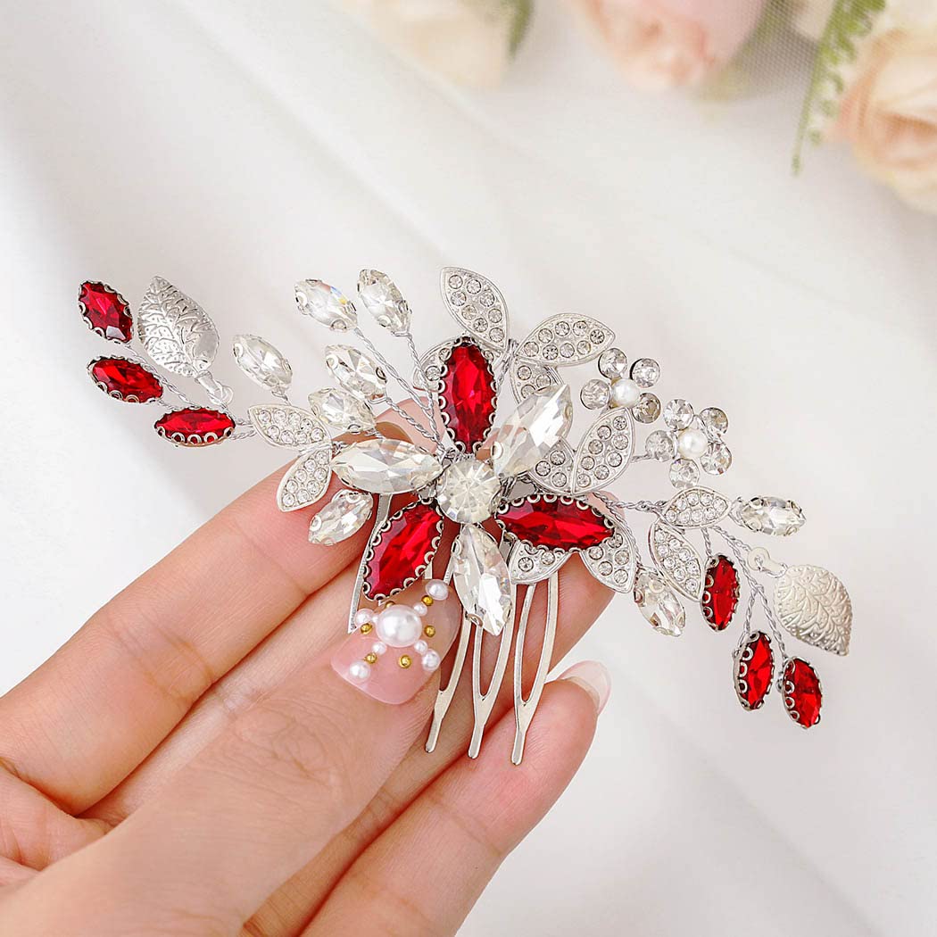 IYOU Wedding Hair Accessories for Women Red Crystal Bridal Hair Comb Flower Headpiece Party Promb Hair Pieces for Bride and Bridesmaid
