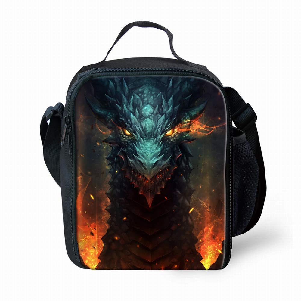 Cool Dragon Print Lunch Bag School Lunch Box Insulated Lunch Container Small Tote Bag Adjustable & Removable Lunch Kits, Gift for Kids Boy Girls