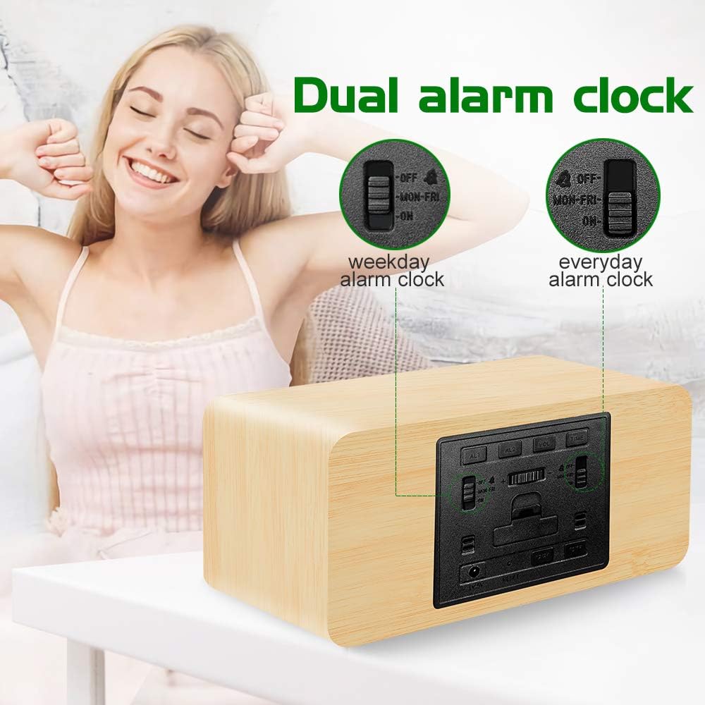 MOSITO Digital Wooden Alarm Clock with Wireless Charging, 0-100% Dimmer, Dual Alarm, Weekday /Weekend Mode, Snooze, Wood LED Clocks for Bedroom, Bedside, Desk, Kids (Bamboo): Kitchen & Dining