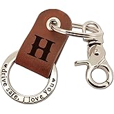 Custom Engraved Leather Keychain, Personalized Initial Key Ring for Him, Stainless Steel Couple Gift for Men & Women