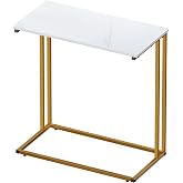 C-Shaped Side Table, Sturdy Gold Frame End Table with Faux Marble Wood Top | - Slides Under Couch. 66lbs Capacity, 24x12" Narrow Laptop Desk. Elegant Modern Couch Table for Bedroom &amp; Small Home Office