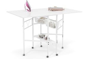 CRAFTEASE Foldable Hobby and Cutting Table - 59" W x 36" D White Arts and Crafts Table with Height Adjustable and 2 Storage Drawers, Mobile Sewing Desk for Home Office Sewing Room Craft Room