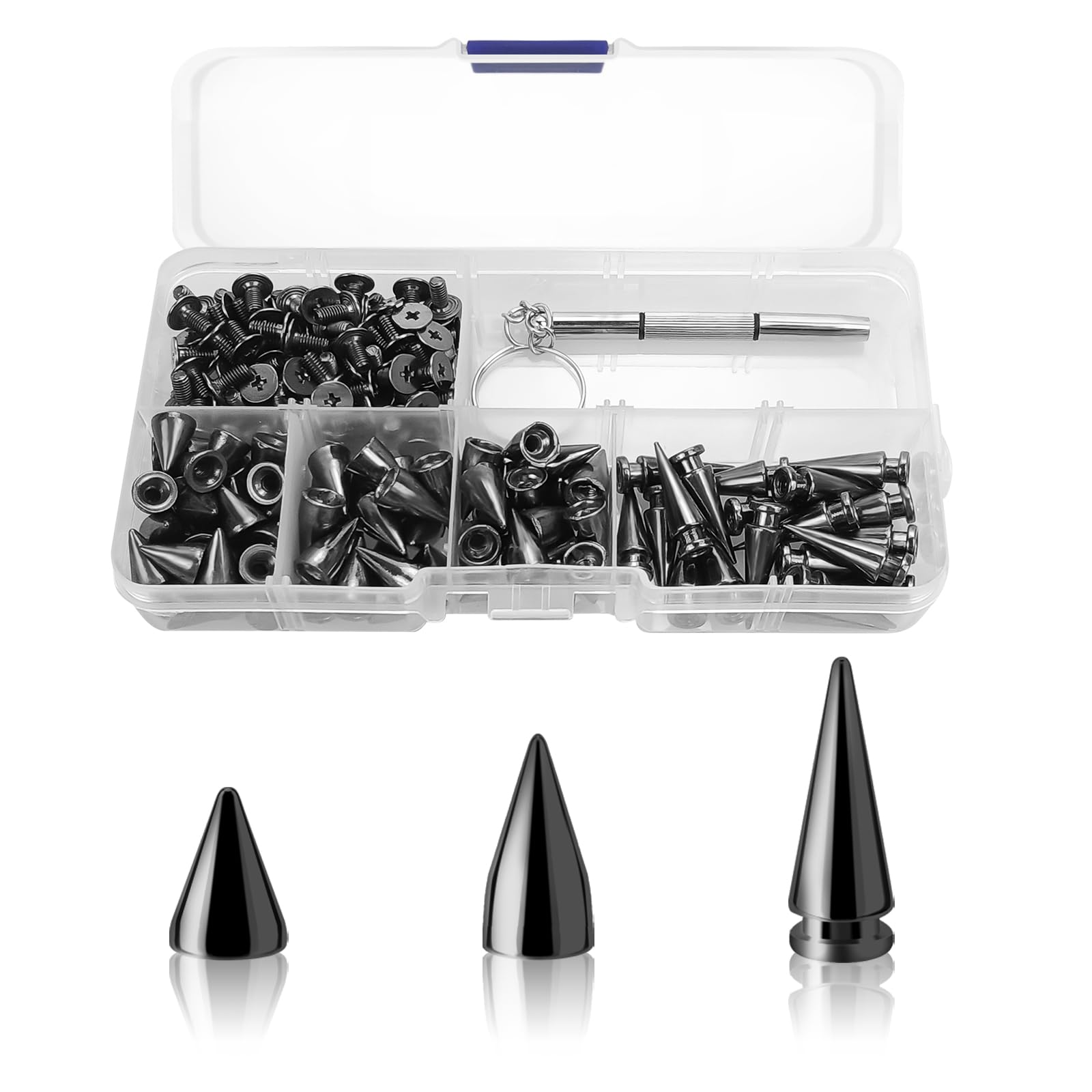100pcs Spikes Studs 7mm Metal Cone Spikes Rivet, Punk Rock Screw Back Studs for DIY Bags Clothing Leather Craft, with Screwdriver (Black, 3 Size) — image 1