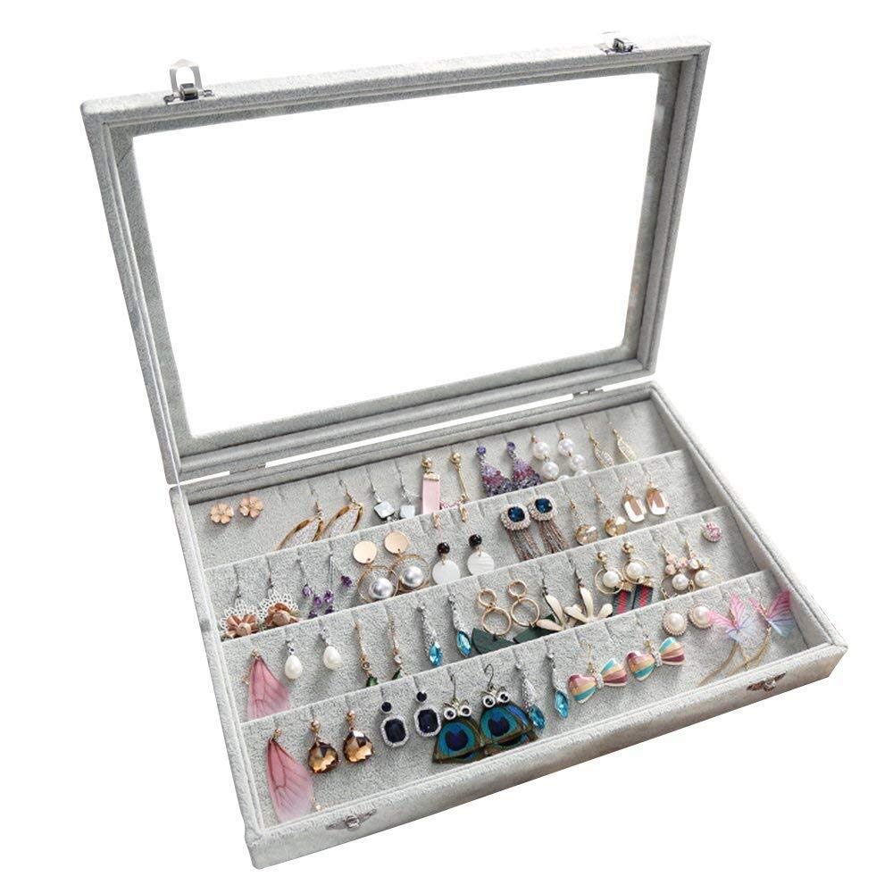 BIENSER Earrings Organiser, Velvet Clear Lid Earring Holder & 40 Pairs Earrings Storage Box, Jewellery Boxes Display Showcase Case Lockable, Dustproof, 13.14"(L) X 9.18"(W)