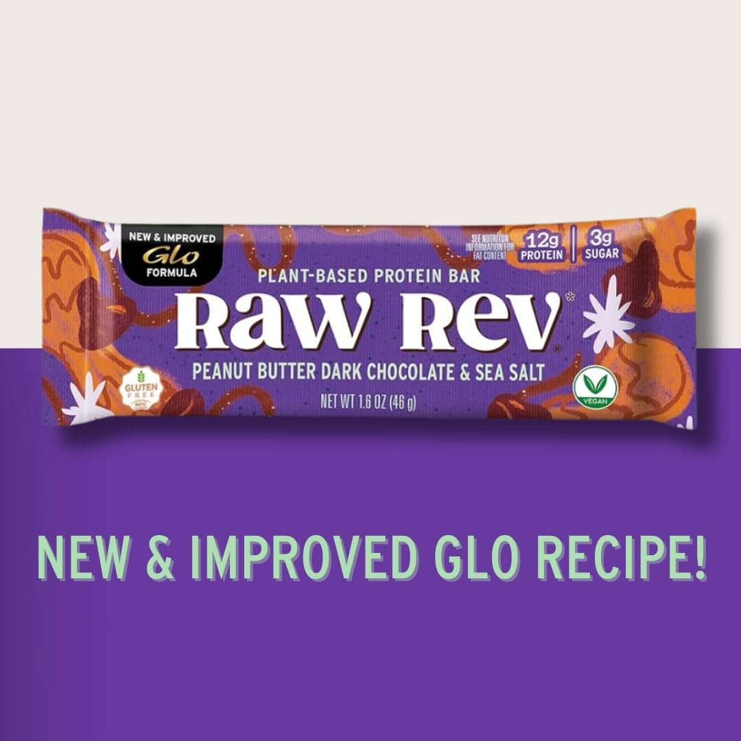 Raw Rev Vegan Protein Bars- Peanut Butter Dark Chocolate & Sea Salt, 12 bars, Non-GMO, Plastic-Neutral, Nothing Artificial, Glo Formula, Gluten-Free, Keto-Friendly, Paleo, Kosher, No Sugar Alcohols, No Stevia