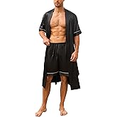 VOGMATE Men's Kimono Robe with Shorts 2 Pieces Silky Pajama Set Lightweight Satin Bathrobe Soft Sleepwear