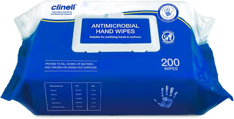 Clinell Antimicrobial Hand Wipes 200 Wipes Alcohol Free Dermatologically Tested