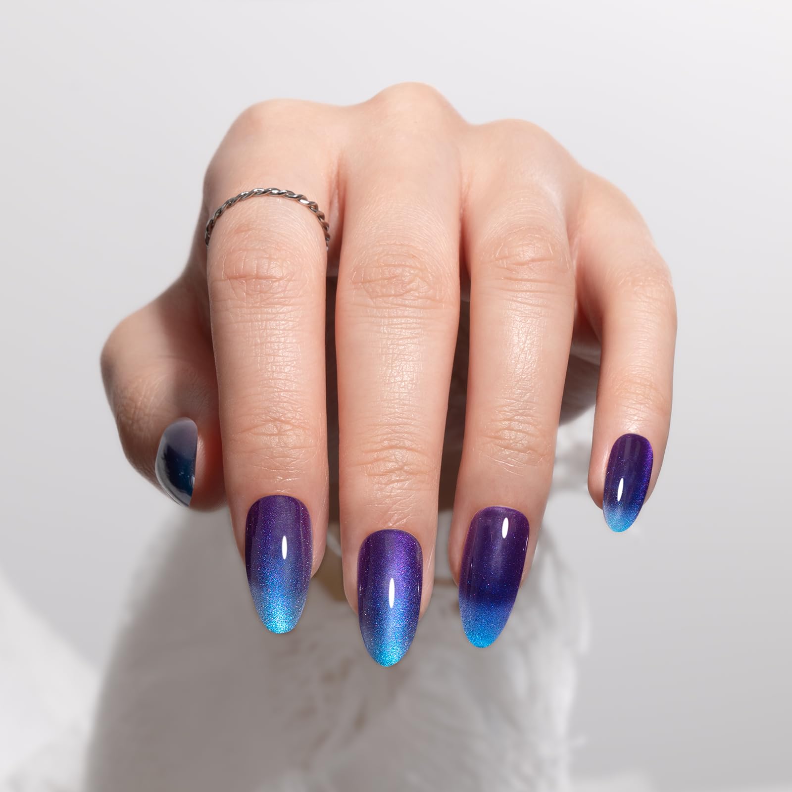 Melodysusie Press On Nails Almond (Blue Purple Cat Eye),Medium Nails Press ons, Salon-like Natural Finish, Reusable Fake Nails, 15 Sizes, 30PCS Nails Kit with Glue