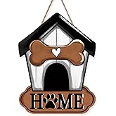 Bolisom Doghouse Front Door Sign, Bone Paw Print Wood Hanger Outdoor Outside Porch Home Decor, Farmhouse Wooden Wreath Indoor Wall Hanging Decoration Pet Owner Lover Gift