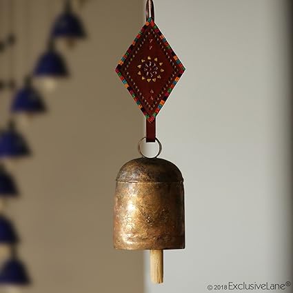 ExclusiveLane Handmade Home Decorative Leather Strap Antique Outdoor Hanging Metal Bell Wind Chime (Maroon)