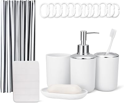 Set Accessori Bagno: Tenda Doccia con Ganci, Tappetino Bagno in Memory Foam, Dispenser Sapone, Portasapone, Portaspazzolini & Bicchiere, Bianco