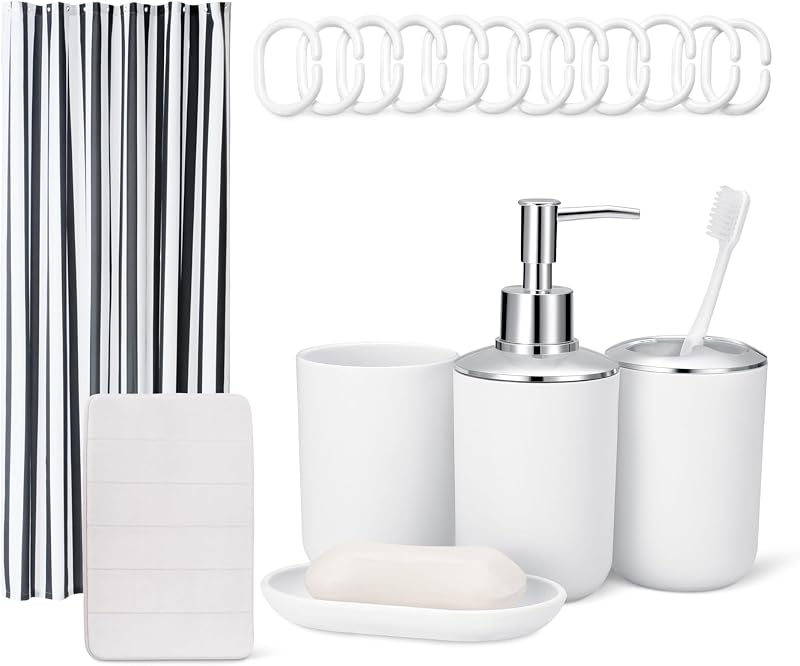 Set Accessori Bagno: Tenda Doccia con Ganci, Tappetino Bagno in Memory Foam, Dispenser Sapone, Portasapone, Portaspazzolini & Bicchiere, Bianco — foto 1 di 5