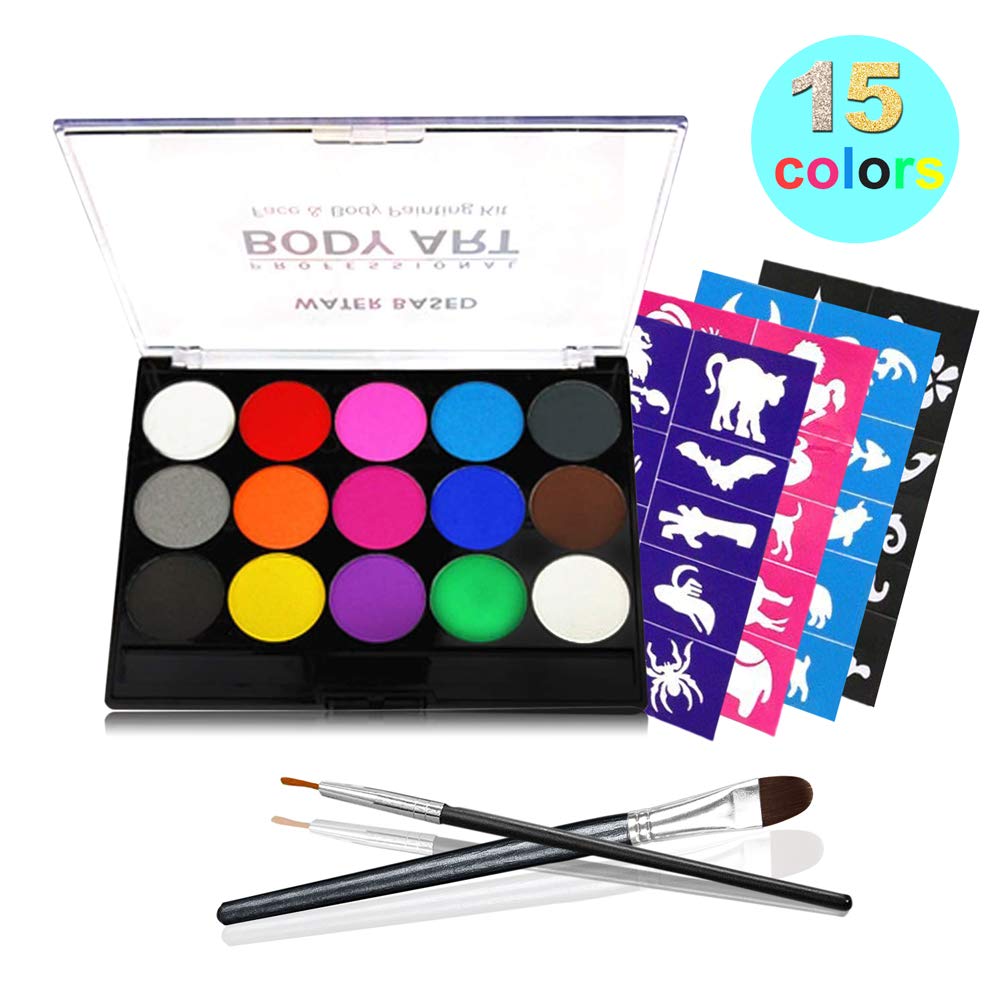 Face Painting Kits, 15 Colors 40 Stencils 2 Brushes, Water Based Paints Non-Toxic Safe for Kids, Ideal for Halloween Body Makeup Party Supplies
