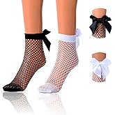 Miaband Fishnet Sheer Socks Bow Mesh Net Socks Elastic Hollow Short Sock for Women 2 Pairs