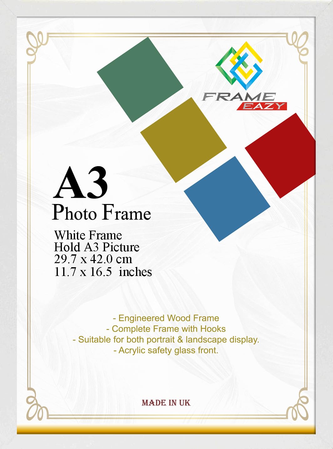 FRAME EAZY A3 White Photo Picture Frame Certificate Display Frames Modern Flat Design 29.7 x 42cm Frames Home Décor With Safe Perspex Front & Wall Hanging Hooks