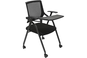 Kreiaoer Folding Office Chair with Tablet and Caster Wheel, Mesh Guest Reception Chairs with Arm, Rolling Chair for Office, School, Training Conference Waiting Room (Black)