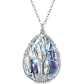 FOCALOOK Stainless Steel Wire Wrapped Tree of Life Abalone Necklaces Handmade Costume Jewelry Long Necklaces for Women (Send Gift Box)
