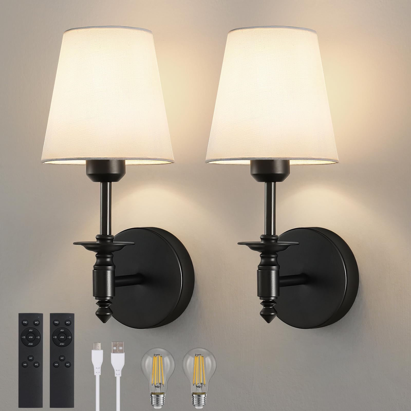 Photo 1 of WOSHITU Battery Operated Wall Sconce: Black Sconces Set of 2 with 2 Remote & 2 Dimmable Bulb Matt Black Rechargeable Cordless Sconces Wall Decor Set of Two Wall Light for Bedroom Living Room