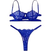 Lilosy Sexy Eyelash Underwire Floral Lace Sheer O Ring Linked Cutout Lingerie Set