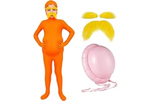 Kids Orange Bodysuit with Yellow Mustache Eyebrows and Inflatable Belly | Upgraded Kids' Orange Bodysuit, Extended Back Zippe