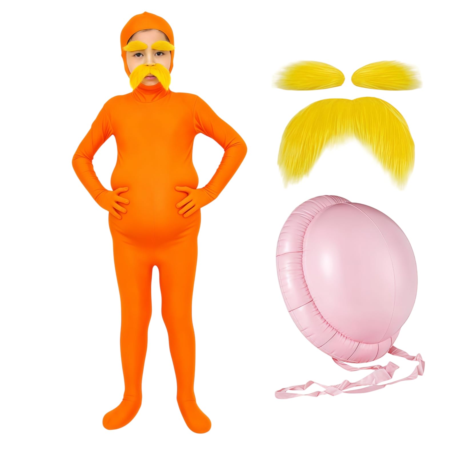 Kids Orange Bodysuit with Yellow Mustache Eyebrows and Inflatable Belly | Upgraded Kids' Orange Bodysuit, Extended Back Zippe