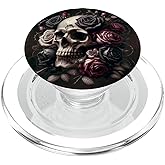 Skull and Roses Floral Black Dark Goth Horror Skull PopSockets PopGrip for MagSafe