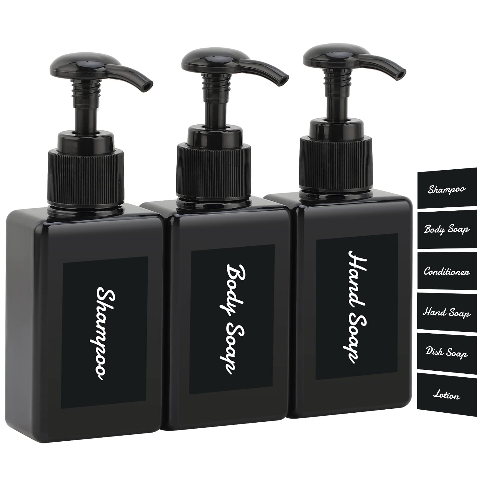 Segus Shampoo and Conditioner Dispenser, 3 Pieces 100ml Black Soap Dispenser, Refillable Shampoo Bottles with Pump, Bathroom Bottles with Labels, for Travel