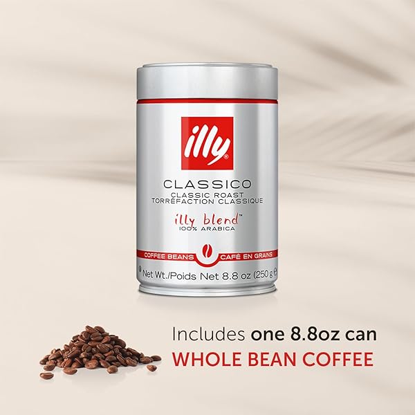 ILLY CLASSICO WHOLE BEAN COFFEE, MEDIUM ROAST, CLASSIC ROAST WITH NOTES OF CARAMEL, ORANGE BLOSSOM AND JASMINE, 100% ARABICA COFFEE, NO PRESERVATIVES, 8.8 OUNCE CAN (PACK OF 1)