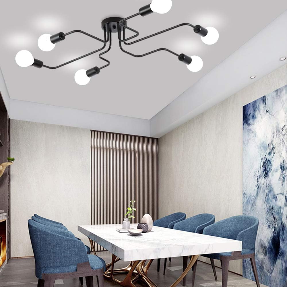 ZEEFO Flush Mount Ceiling Light Modern Art Vintage Sputnik Design Chandelier Metal Black Industrial Lighting Fixtures with 6 Lights E26 Bulb Base Suitable for Kitchen, Dining Room, Bedroom - - 