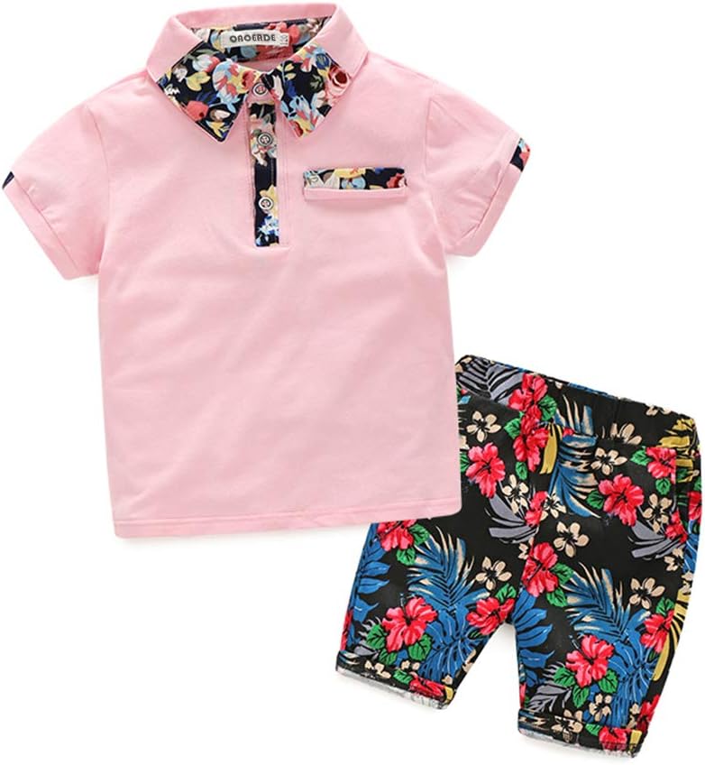 Infant Baby Boys Cotton 2 Pieces Clothing Set Polo Tops Tee with Floral Shorts