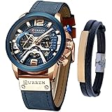 Luxury Watches for Men – Men's Leather Strap Chronograph Wrist Watch and Fashion Bracelet Set – Available Blue or Black – Mil