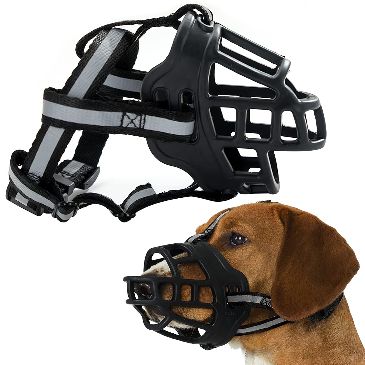 Dog Halter with Reflective Strap, FainFun Dog Collar Halter Prevents Pulling, Adjustable Muzzle Dogs, Adjustable and Easy to Control (L),blue