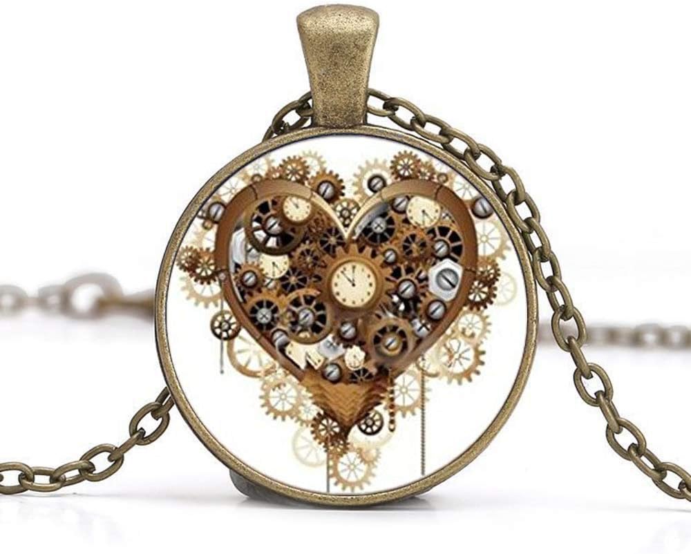 Vintage Steampunk Mechanical Clock Pattern Glass Pendant Necklace Women Jewelry