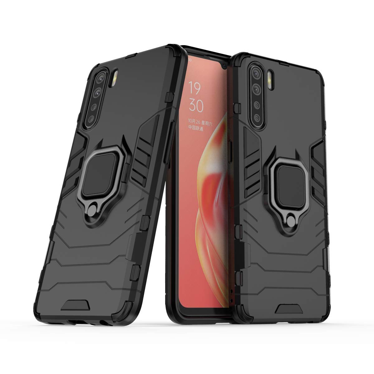 MRSTER OPPO A91 Case, Heavy Duty Armor Dual Layer Shock Resistant Hybrid Protective Case Cover with Ring Holder Kickstand for OPPO A91. HB Black