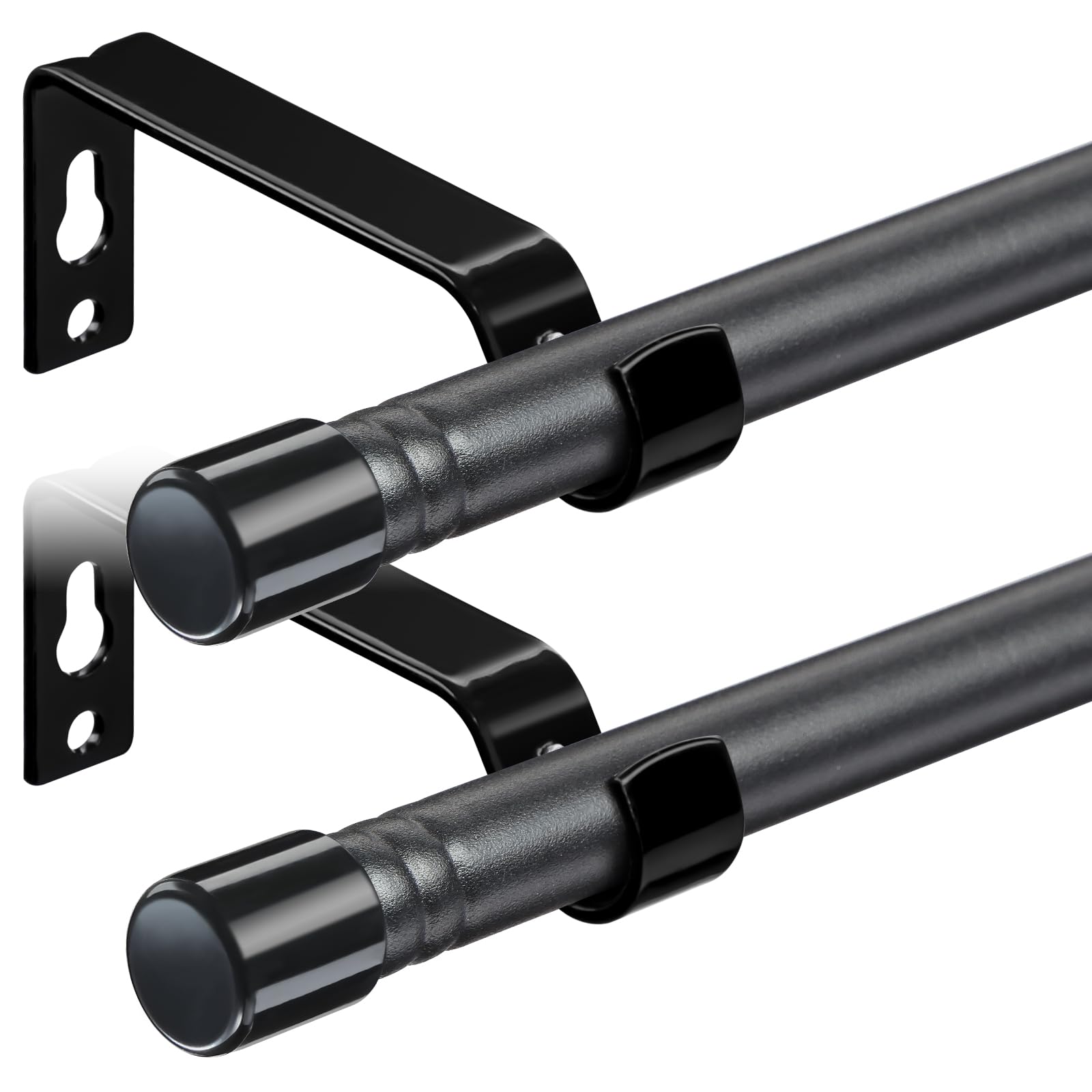 Harrms 2pcs Curtain Poles for Eyelet Curtains Matt Black, 16mm Voile Curtain Pole 76-224cm, Window Curtain Rod Metal Extendable with Adjustable Brackets for Bedroom, Living Room