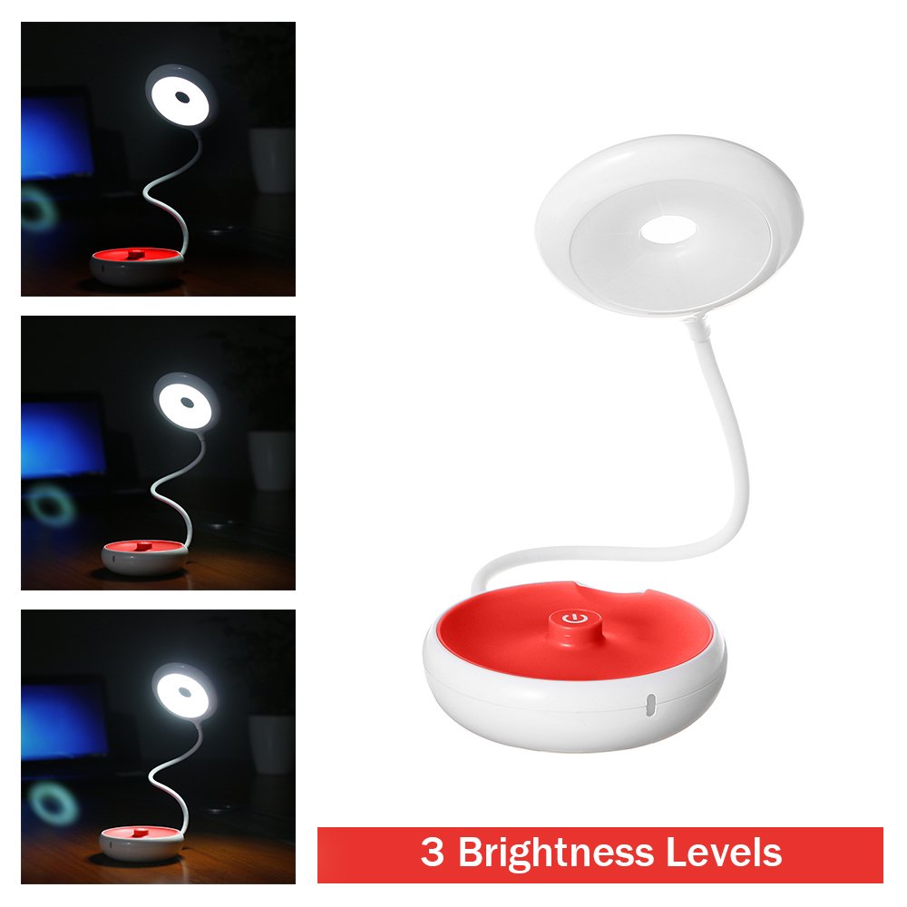 Portable LED Desk Lamp Travel Light 3-Level Dimmable Brightness Nightstand Lamp Touch Sensitive Control USB Rechargeable 1000mah Li-on Battery Flexible Lamp For Besides ,Reading, Kids-MECO,RED