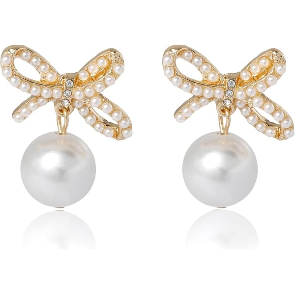 Pearl Bow Small Stud Earrings Gold Plated Dainty Charm Bowknot...