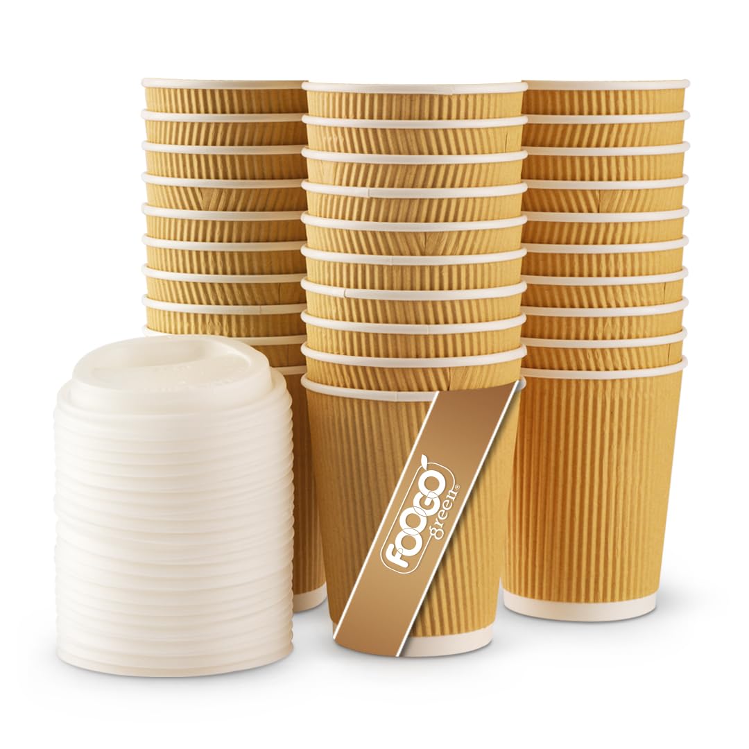 FOOGO Green 25pcs 8oz Disposable Strong Triple-Wall Brown Paper Coffee Cups with Secure Lids, FSC® Certified, Fully Compostable, for Hot Drinks, Takeaway and Parties
