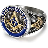 IFUAQZ Men's Stainless Steel Masonic Freemason Rings Gold Blue Free and Accepted Masons Symbol Signet Band