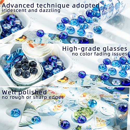 JOHOUSE 120PCS Flat Glass Marbles, Iridescent Glass Beads Dazzling Glass Pebbles Blue Mixed Aqarium Gems for Vase Filler Home Decor DIY Craft
