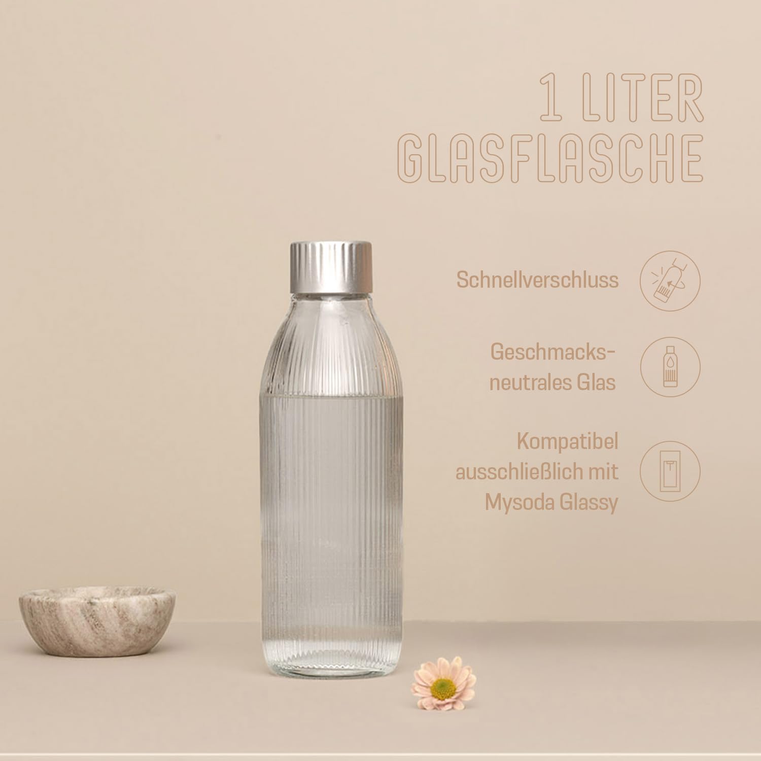 Mysoda: Glassy Wassersprudler aus Holzkomposit mit CO2-Zylinder und 1L Glasflasche & BPA-Frei 1L Plastikflasche - Latte 6