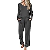 Ekouaer Womens Pajama Set Ribbed Knit PJs 2 Piece Lounge Set Long Sleeve Top and Pants Comfy Sleepwear with Pockets