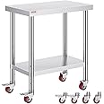 Mophorn 30x18x34 Inch Stainless Steel Work Table 3-Stage Adjustable Shelf with 4 Wheels Heavy Duty Commercial Food Prep Worktable with Brake for Kitchen Prep Work