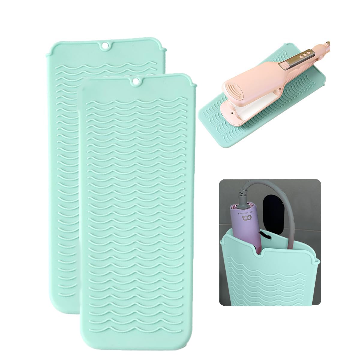 DeepKlean シリコン耐熱マット 吊り下げ穴付き ストレートナー 耐熱トラベルマット&ポーチ カーリングアイロン、フラットアイロン、その他のホットヘアスタイリングツール用 2個 27.9 cm x 12.7 cm グリーン