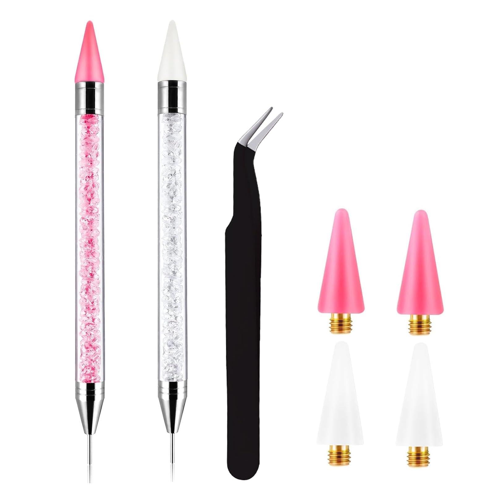 Rhinestone Pen,2Pcs Rhinestone Picker Tool Double-Headed Rhinestones Applicator with 4 Extra Wax Heads and 1 Tweezers,Suitable for Manicure Gem Crystal DIY (White + Pink)